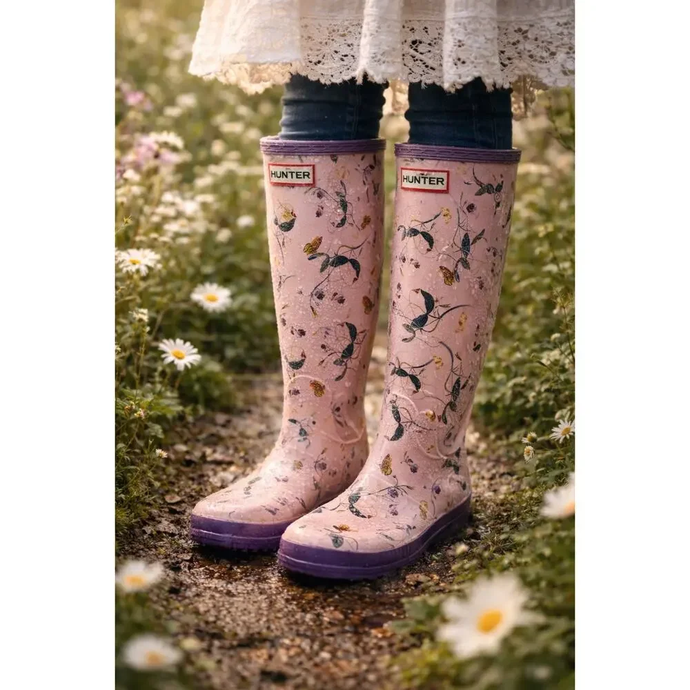 Hunter Wellington Floral Butterfly Rain Boots Purple Sz 7F Cottagecore Whimsical - Picture 1 of 8